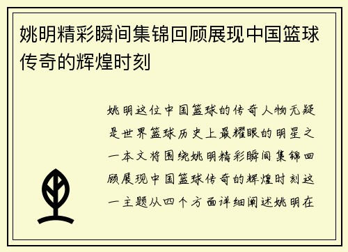 姚明精彩瞬间集锦回顾展现中国篮球传奇的辉煌时刻